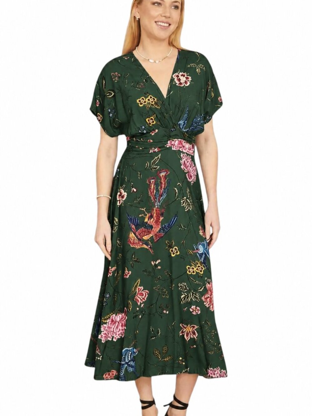 Yumi Green Floral Ruched Waist Midi Dress Size 8 Wedding Guest Dress